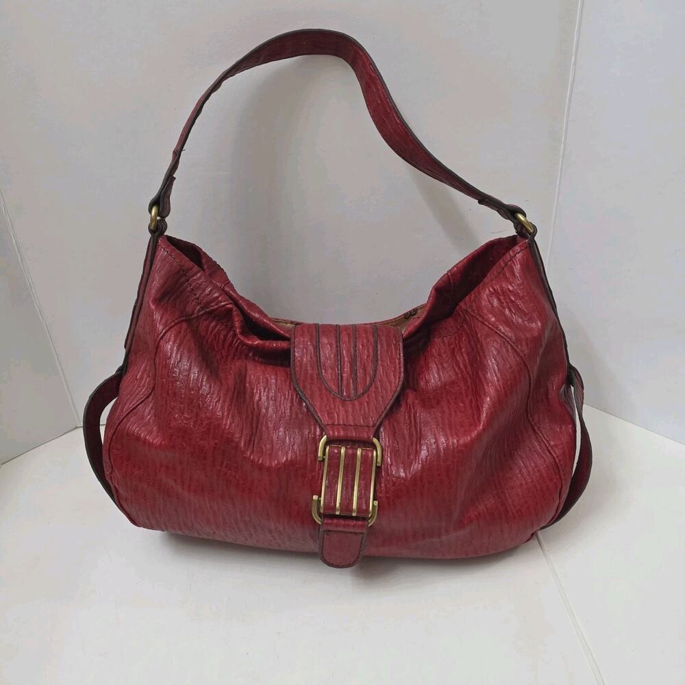 Jessica Simpson Red Hobo Shoulder Bag Faux Leather Buckle Slouchy Purse Clean